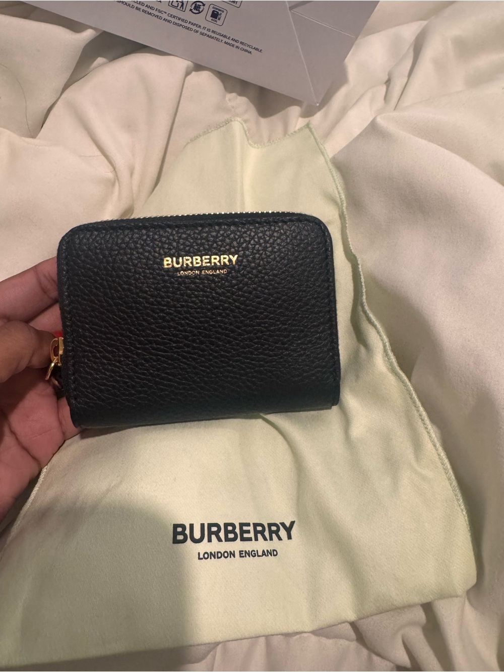 Brand New Burberry Black Leather Zip Card & Key Holder with Gold Logo